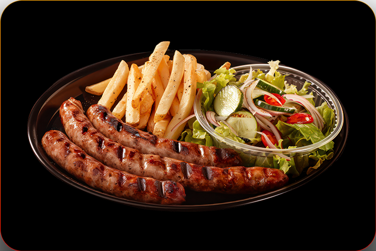 3 Cârnăciori de Porc + Cartofi Prăjiți  + Salată Fresh + 1 Franzeluță